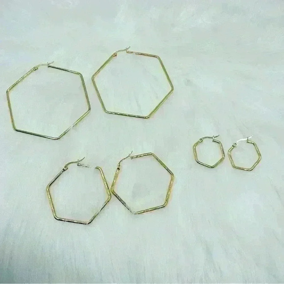 Hexagonal Gold-plated Hoops 3 pair set - Picture 3 of 4